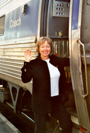 Janice boarding the Amtrak